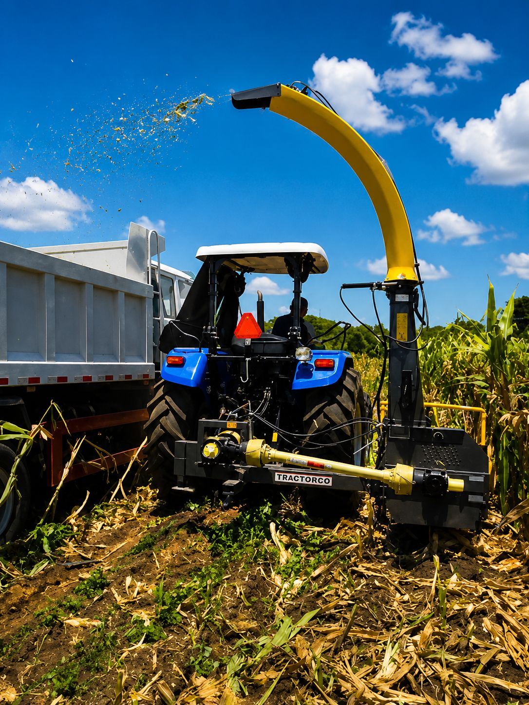 JF forage harvester behind a tractor filling a truck in a maize field