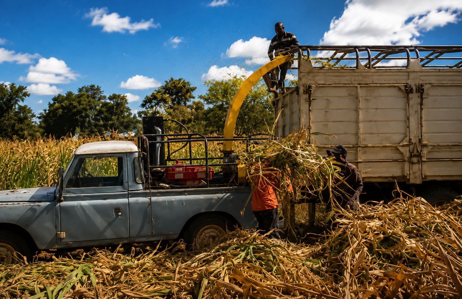 JF forage chopper loading a truck during harvest